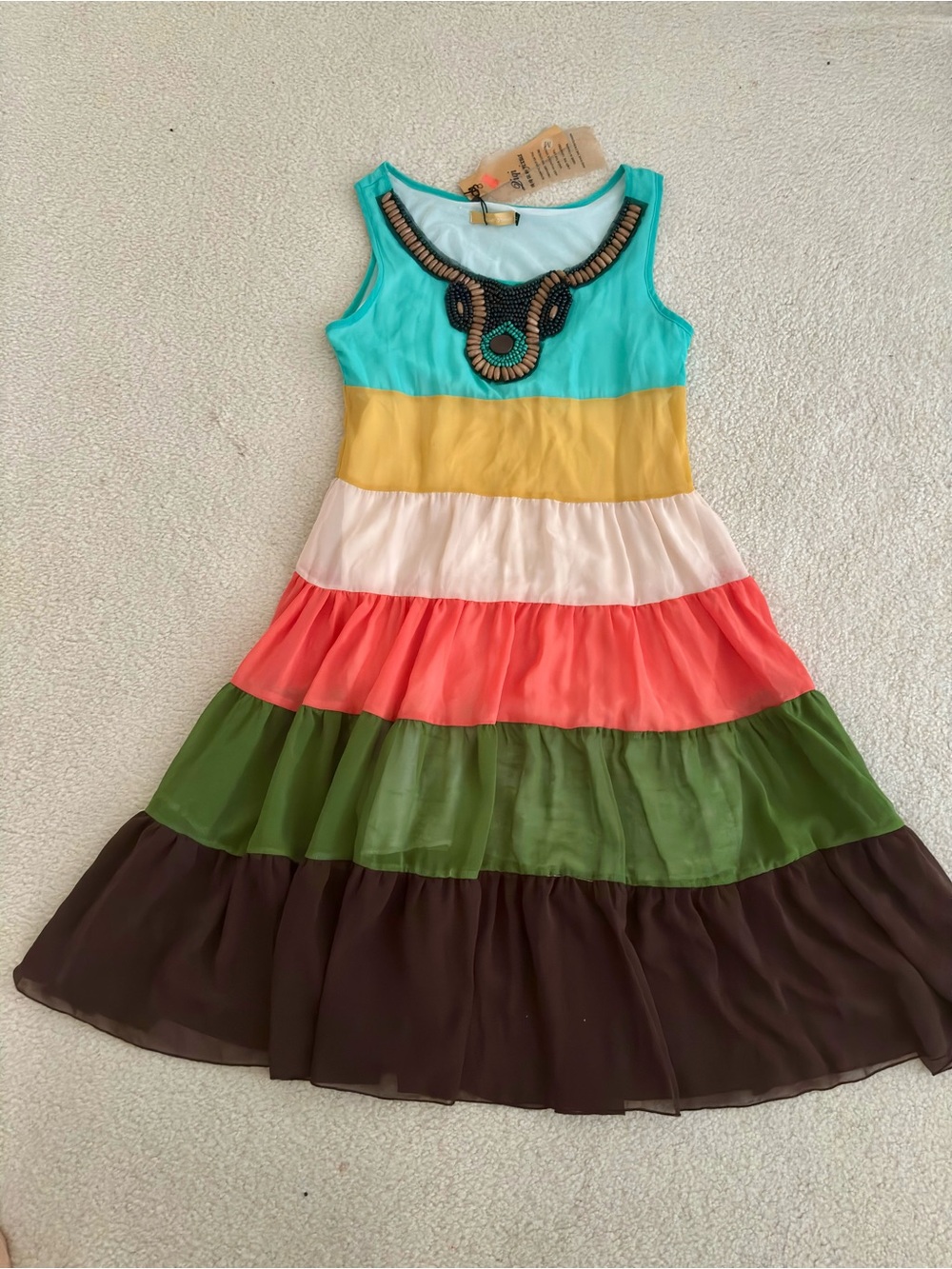 NWT QIYI  Women’s Multicolor Tiered Summer Dress with Beaded Neckline